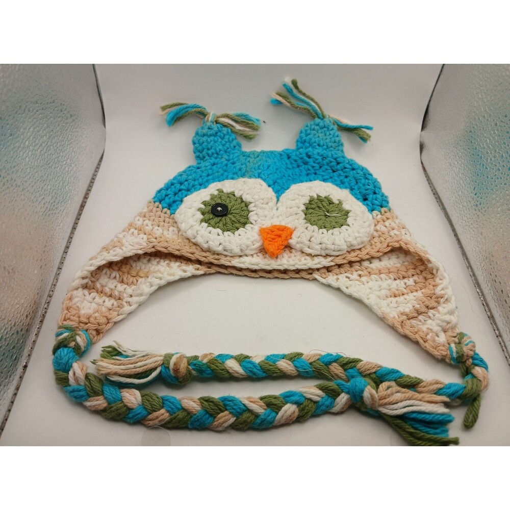 Handmade Owl Hat Baby Child Sized OOAK Turquoise Tan White Needs Button